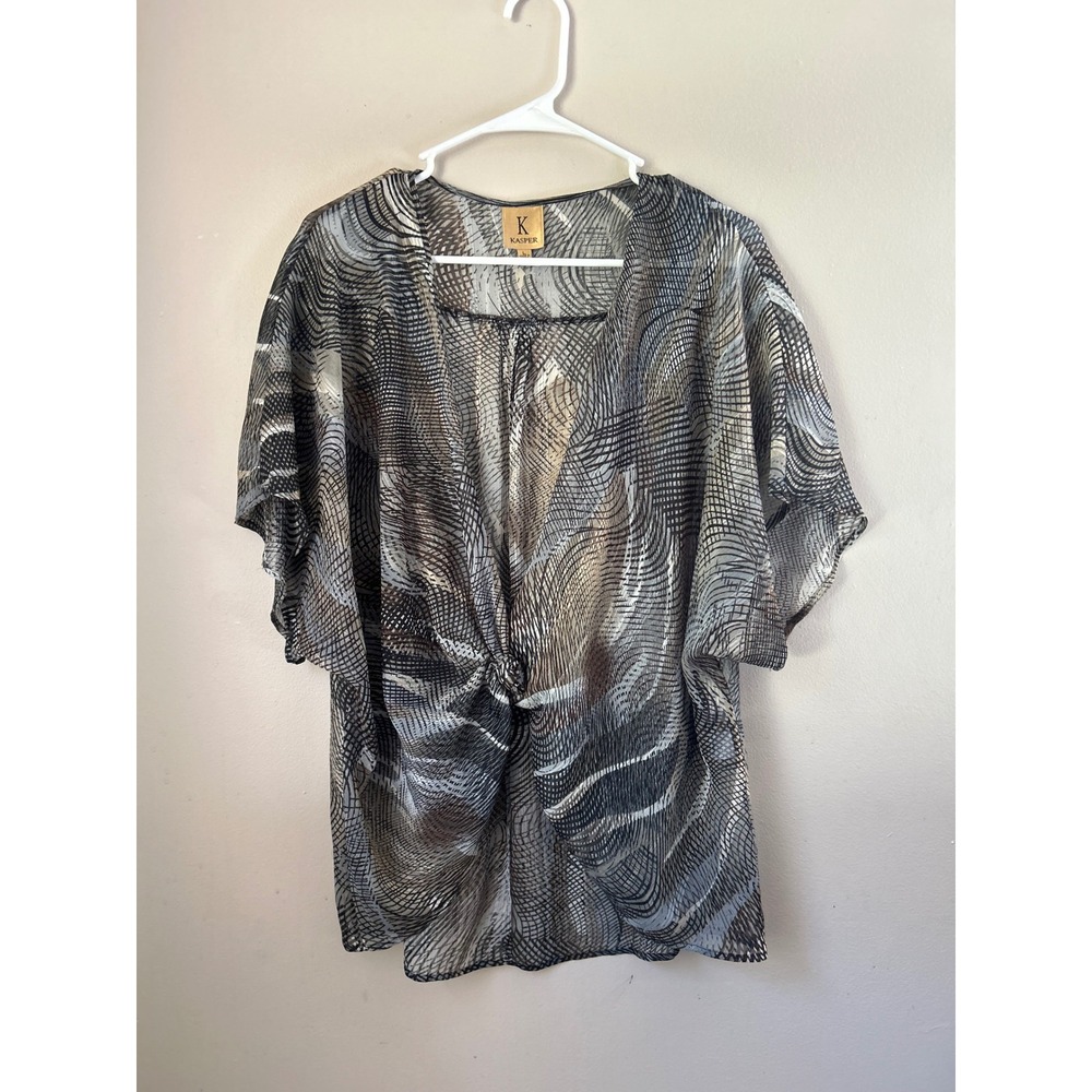 Kasper Women's Abstract Print Sheer Tie Front Top Blouse Lightweight Size L Boho